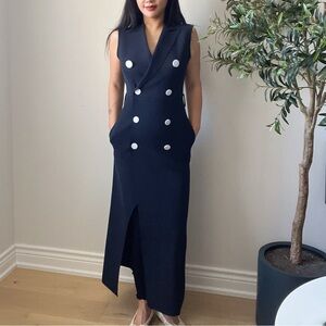 Navy Structured Blazer Vest Maxi Dress | White Button Detail | Size Small